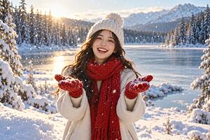 初雪的早晨：红围巾走进冷杉林