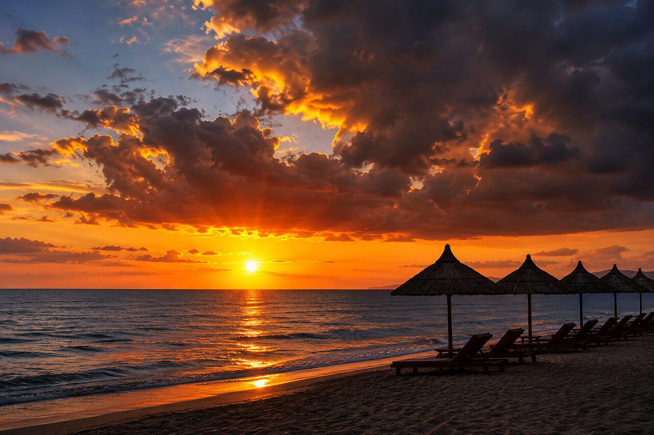 Dark cloud rimmed with gold, and thatched beach umbrellas in silhouette.