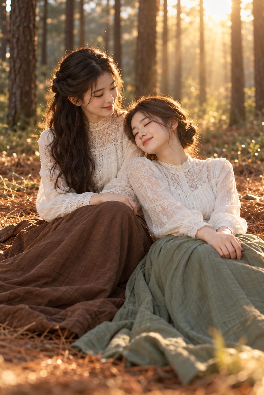Eyes closed on a friend's shoulder, long skirts spread over the pine needles.
