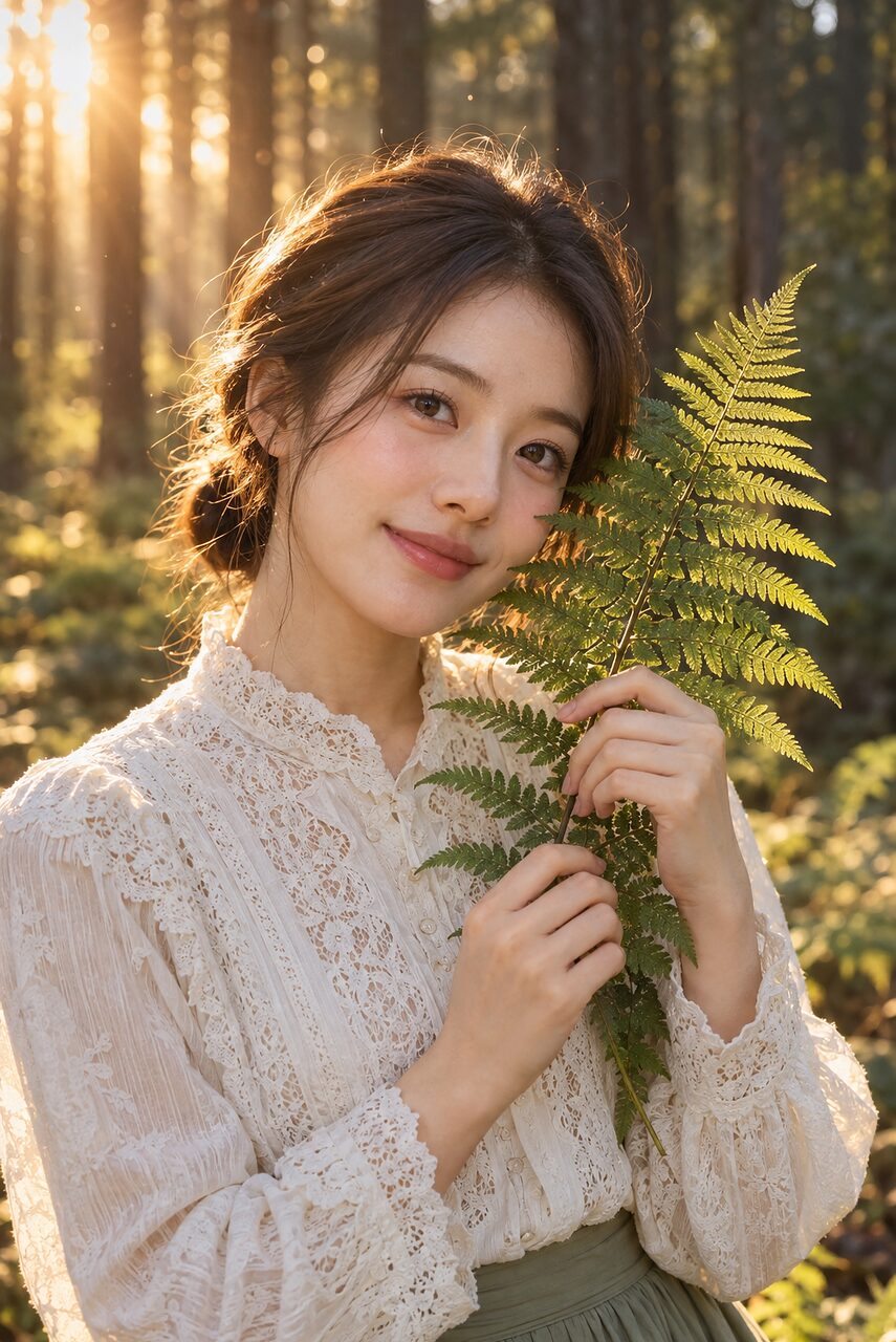 A fern frond held beside her cheek, the shadow of leaves on a lace collar.
